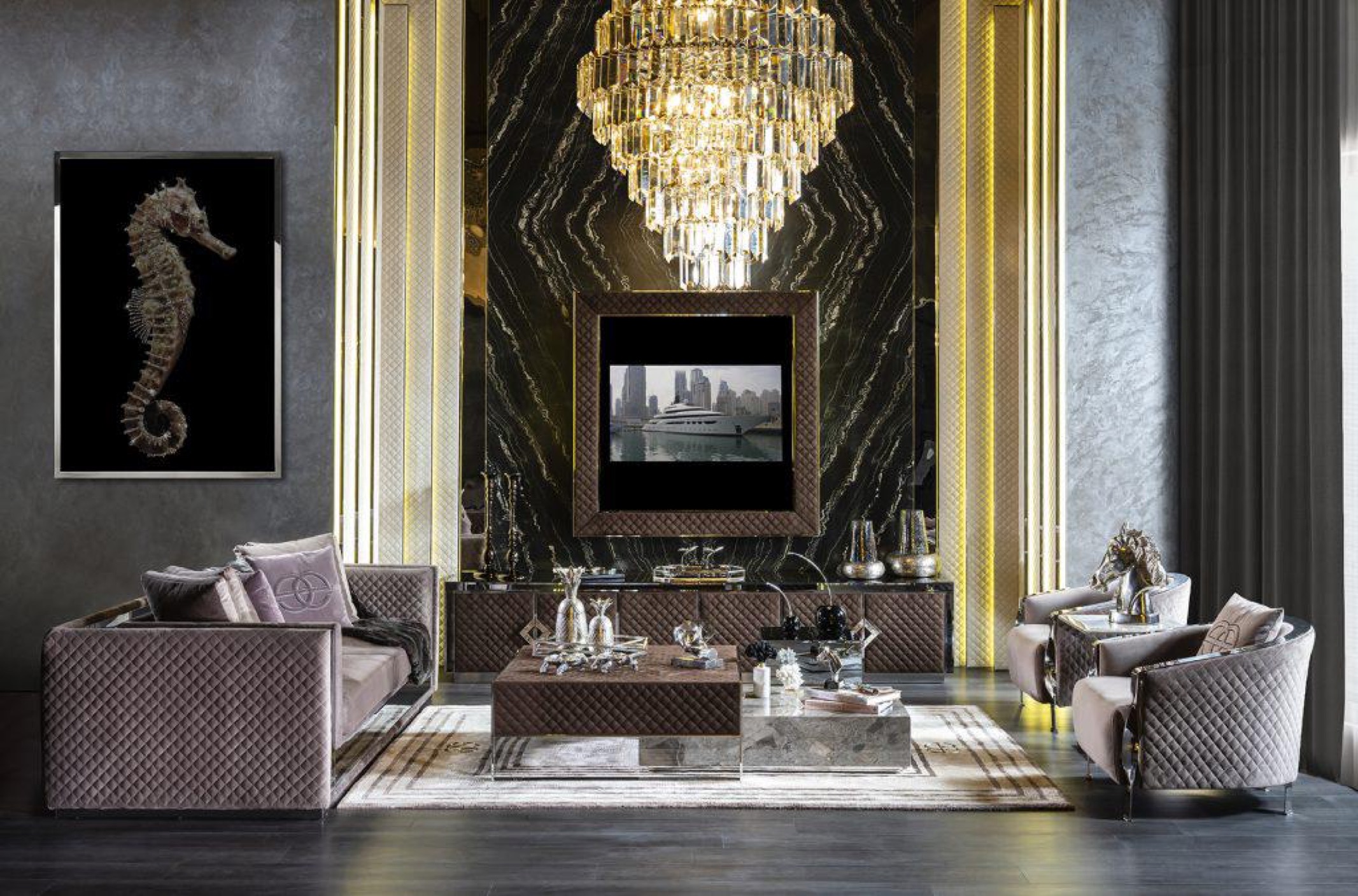 Luxury Dark Patterned Sofa Set