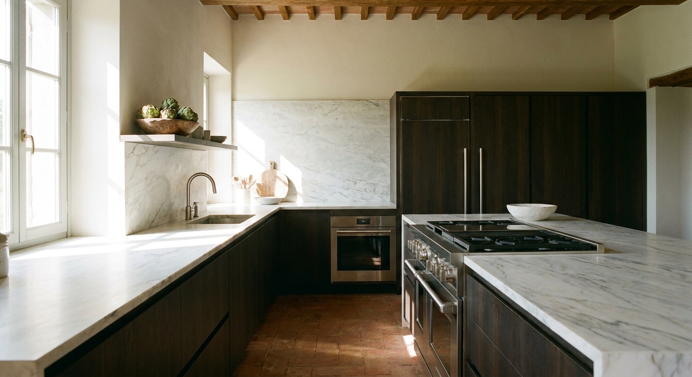 How luxury Italian kitchen planning balances appliance clearances and stone worktops